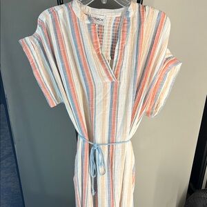 Pastel Stripe Maxi Dress in Blue, Coral & Cream